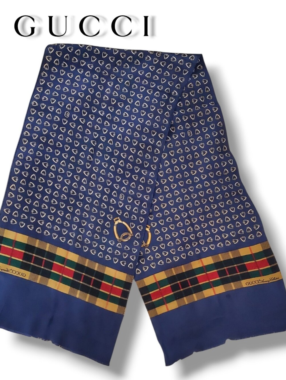 VINTAGE GUCCI Accessory Collection Silk Scarf Stirrup Interlocking G Plaid Blue